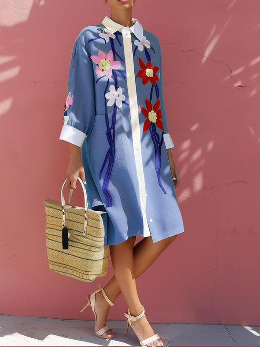 Elegant Embroidered Colorblocking Oversize Shirt Dress