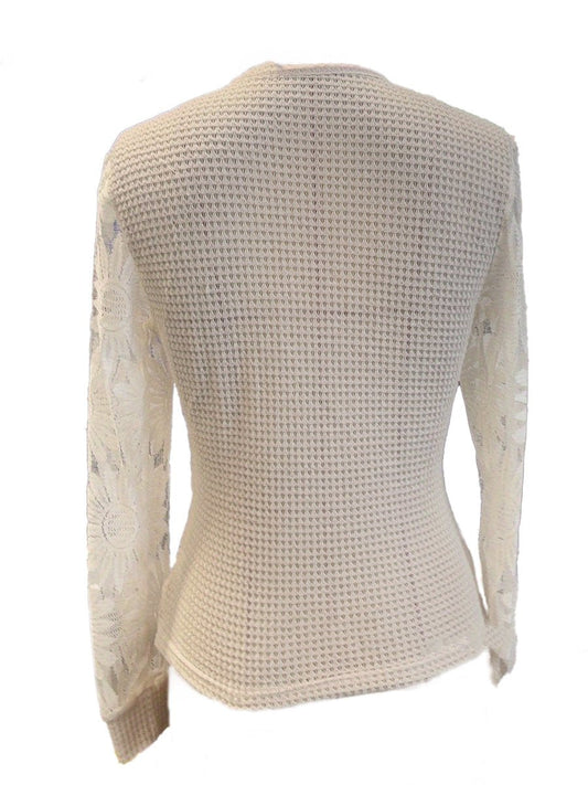 V-Neck Long-Sleeved Lace Waffle T-Shirt