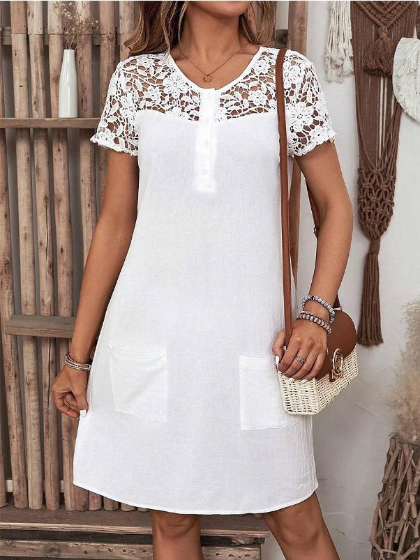 Hollow-out Lace Pacthwork Cotton and Linne Dress