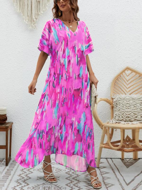 V-neck Floral Print Wide Swing Maxi Dress