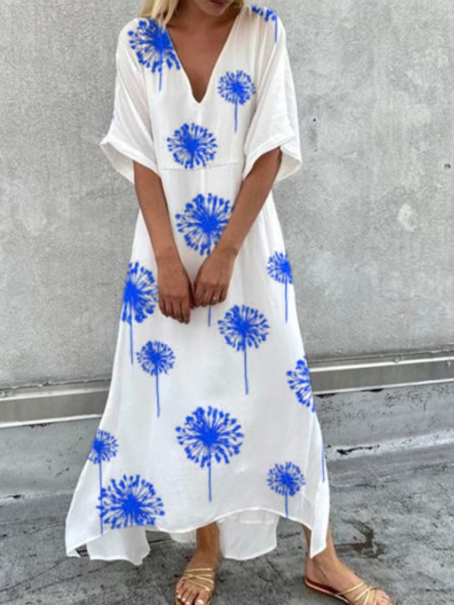 V-neck Printed Full Skirt Maxi Dress