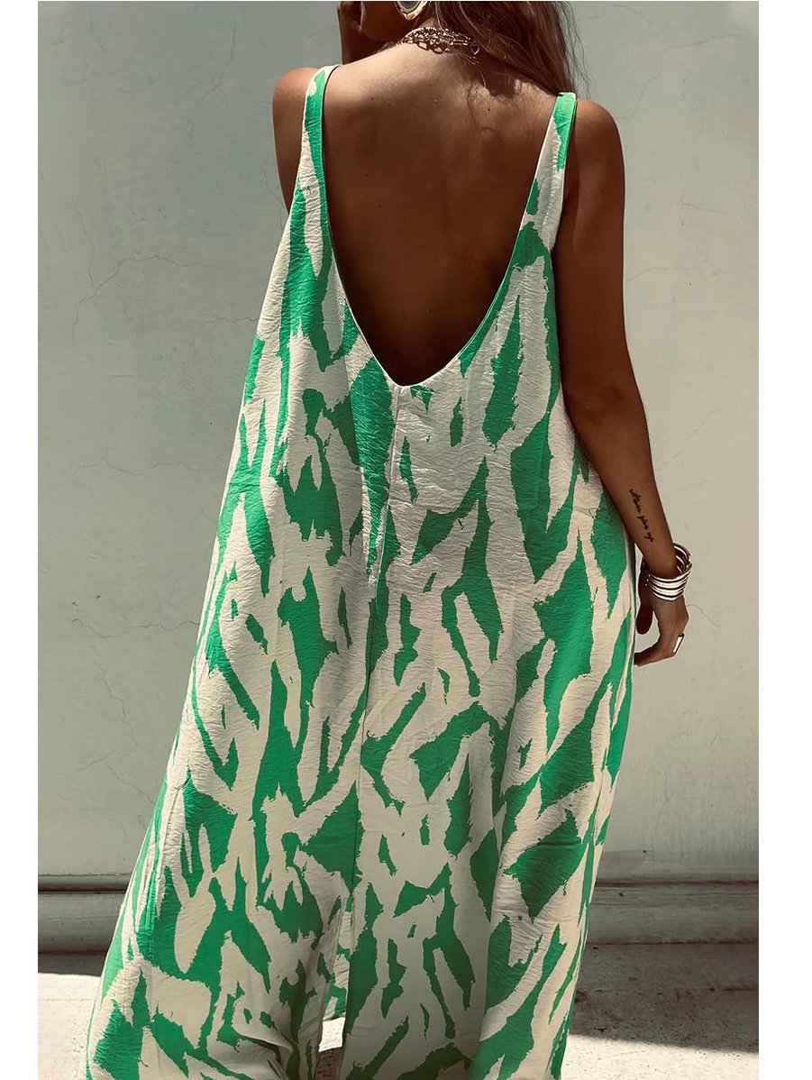 Printed Sleeveless Backless Slit Tank Dress