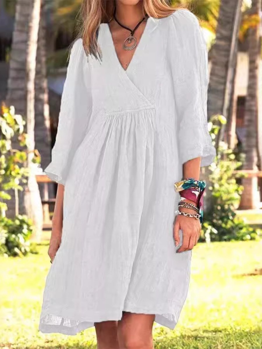 V-neck Cotton and Linen Casual Dress