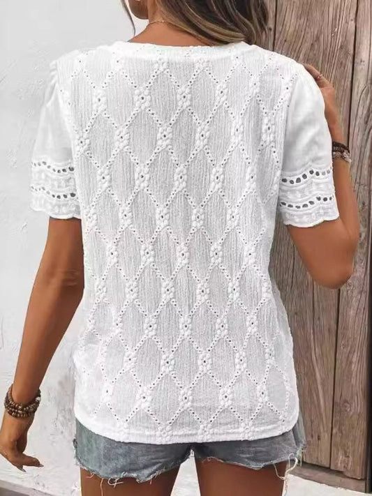 Round-neck Hollow Out Lace Trim Short-sleeve T-shirt