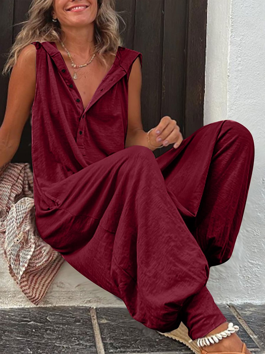 Buttoned Hooded Sleeveless Jumpsuit