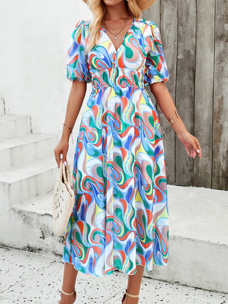 V-Neck Lantern Sleeves Printed Elastic Waist Chiffon Dress