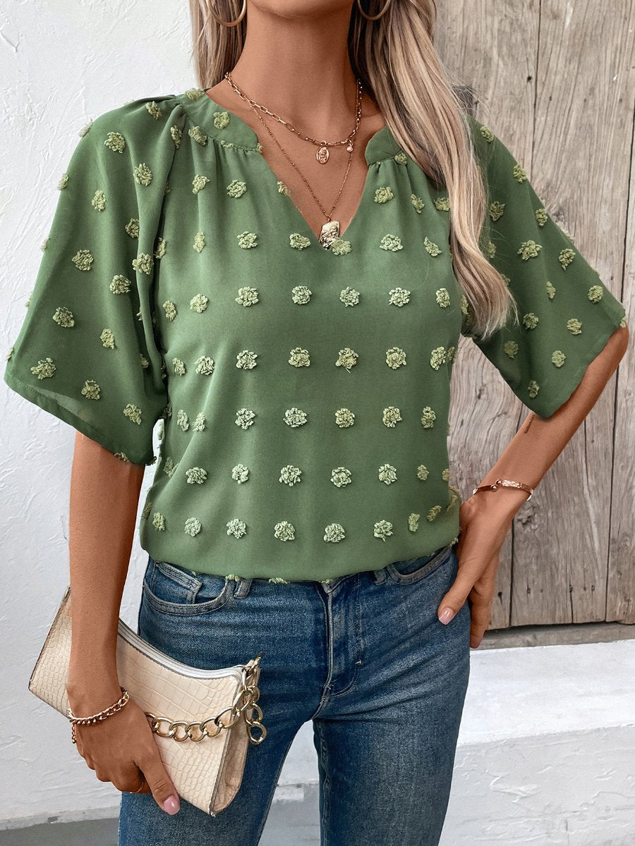 V-neck Jacquard Loose Short Sleeves Blouse