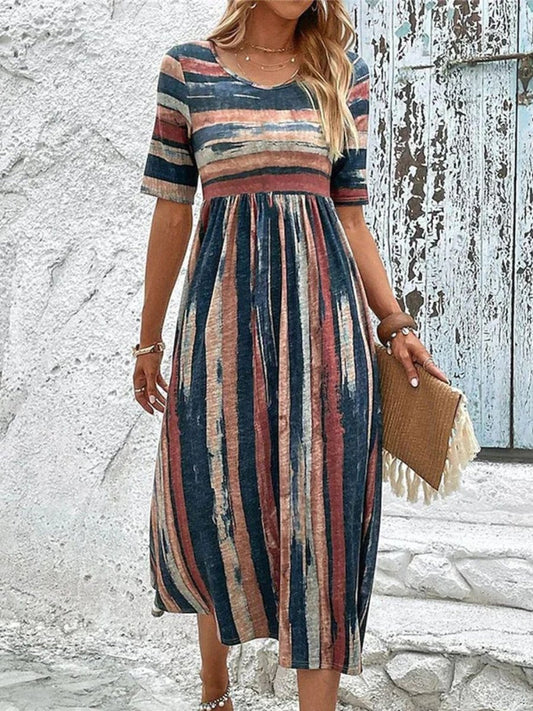 Vintage Stripe Round Neck Maxi Dress