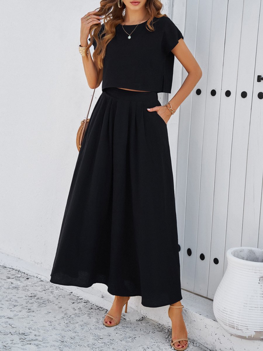 Leisure Solid Color Top and Skirt Set