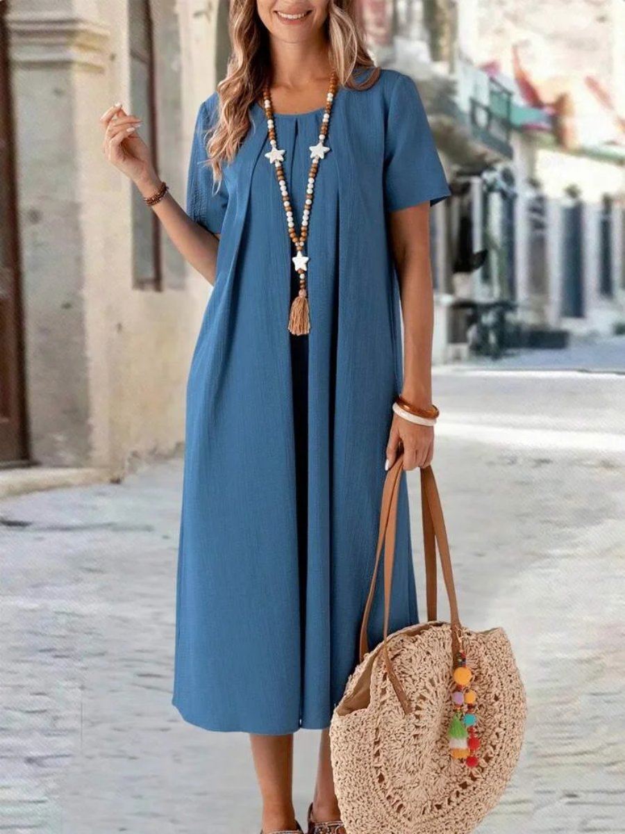 Round Neck Pleated Solid Color Maxi Dress