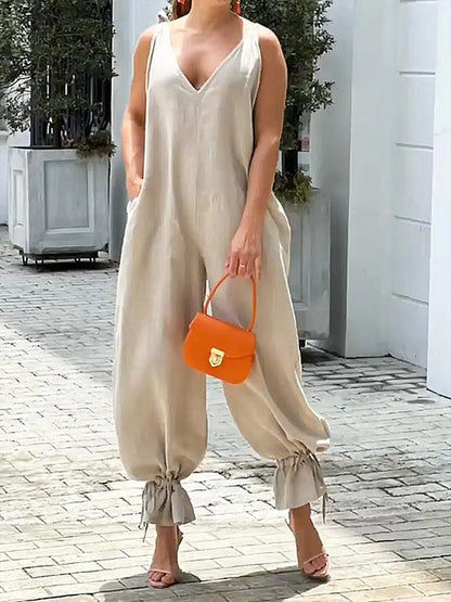 V-Neck Cotton Linen Sleeveless Jumpsuit