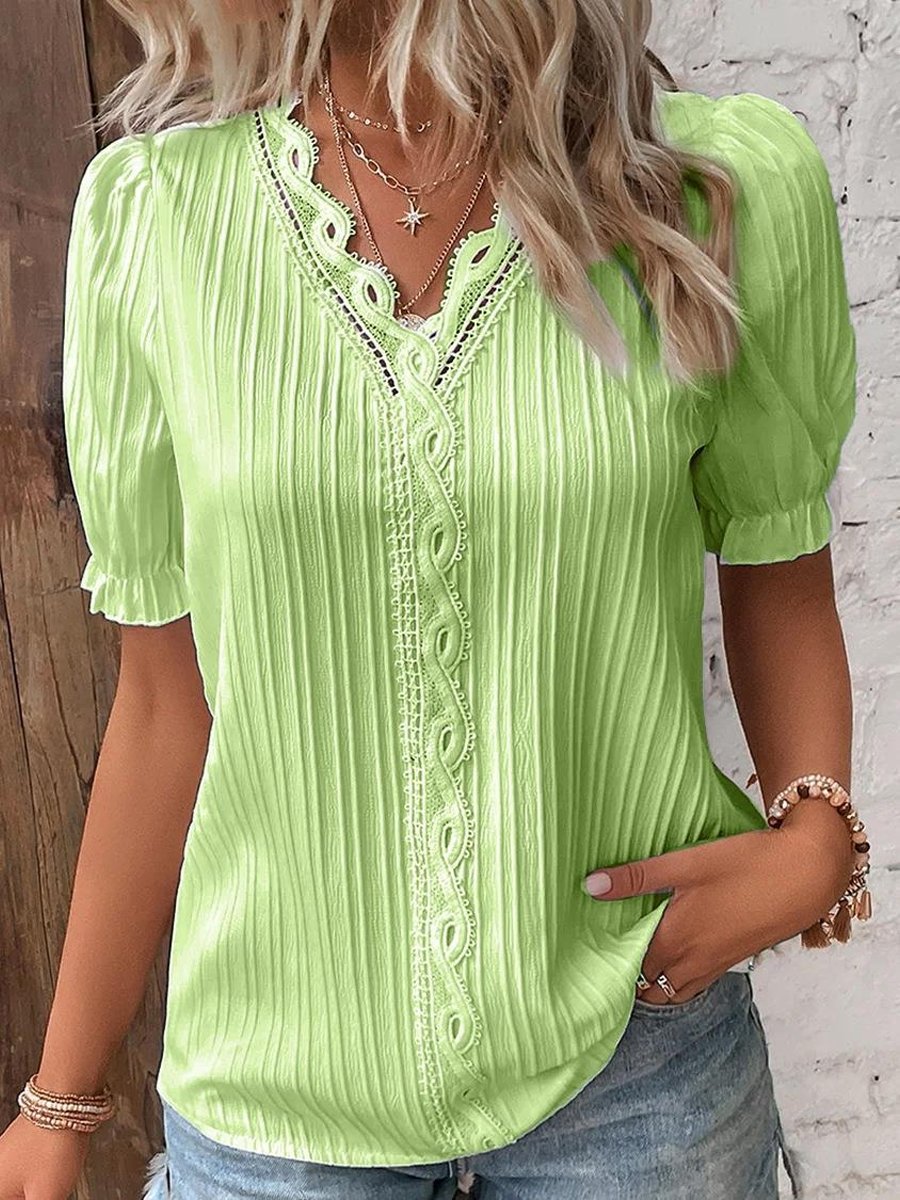 Holiday Fashion Hollow Jacquard Stripe Texture Short Sleeve Shirt