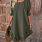 Round Neck Casual Shirring Patchwork Solid Color Cotton and Linen Midi Dress