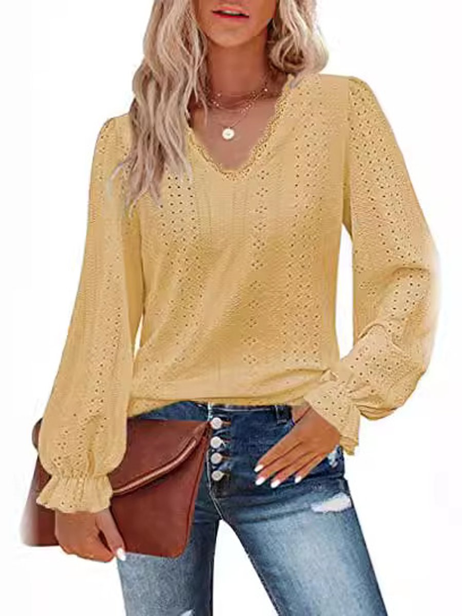 V-neck Cutout Jacquard Casual Long Sleeve Shirt