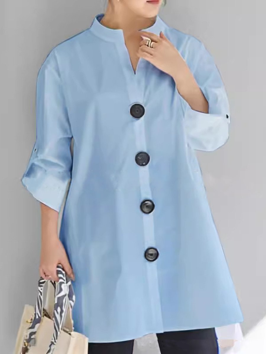 Large Button Cotton Solid Color Shirt