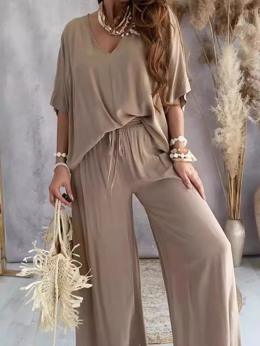 V-Neck Bat Sleeve T-Shirt Wide-Leg Pants Set