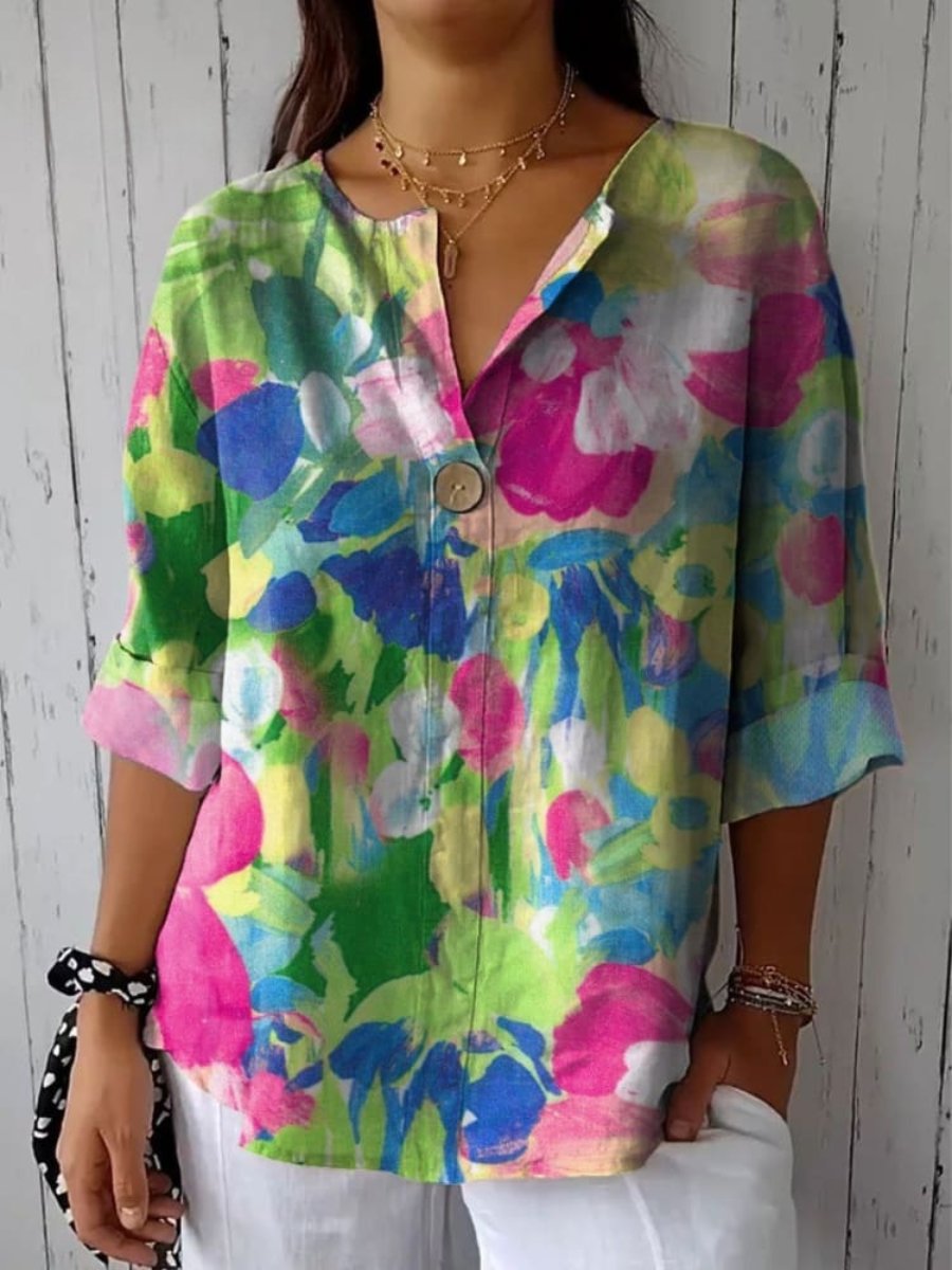 V-neck Printed Button Long Sleeve Shirt