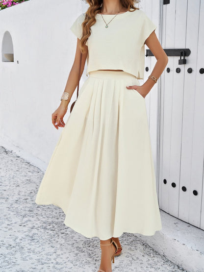 Leisure Solid Color Top and Skirt Set