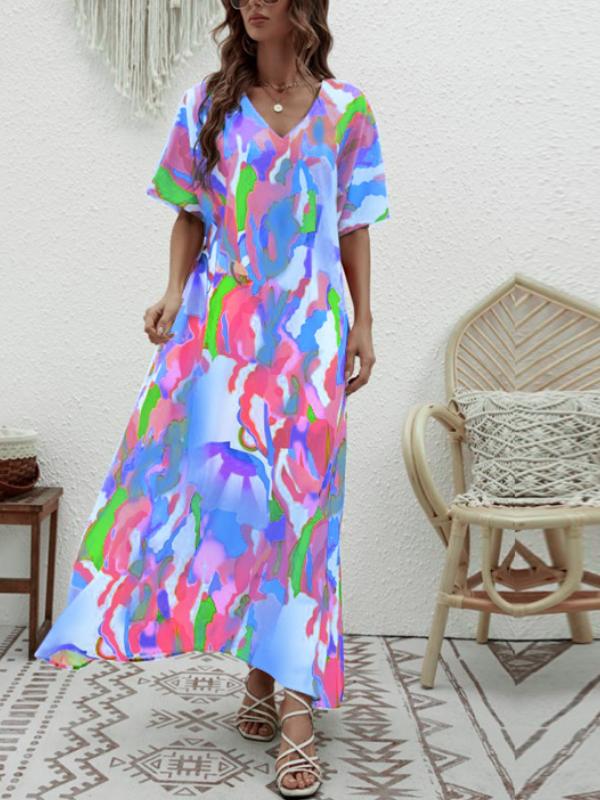 V-neck Floral Print Wide Swing Maxi Dress