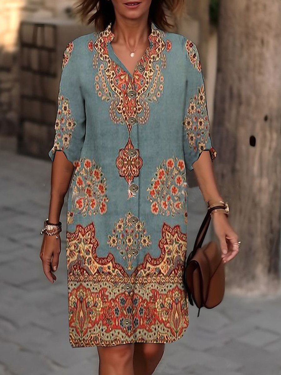 Printed Mid-Length Sleeve Shirt Dress