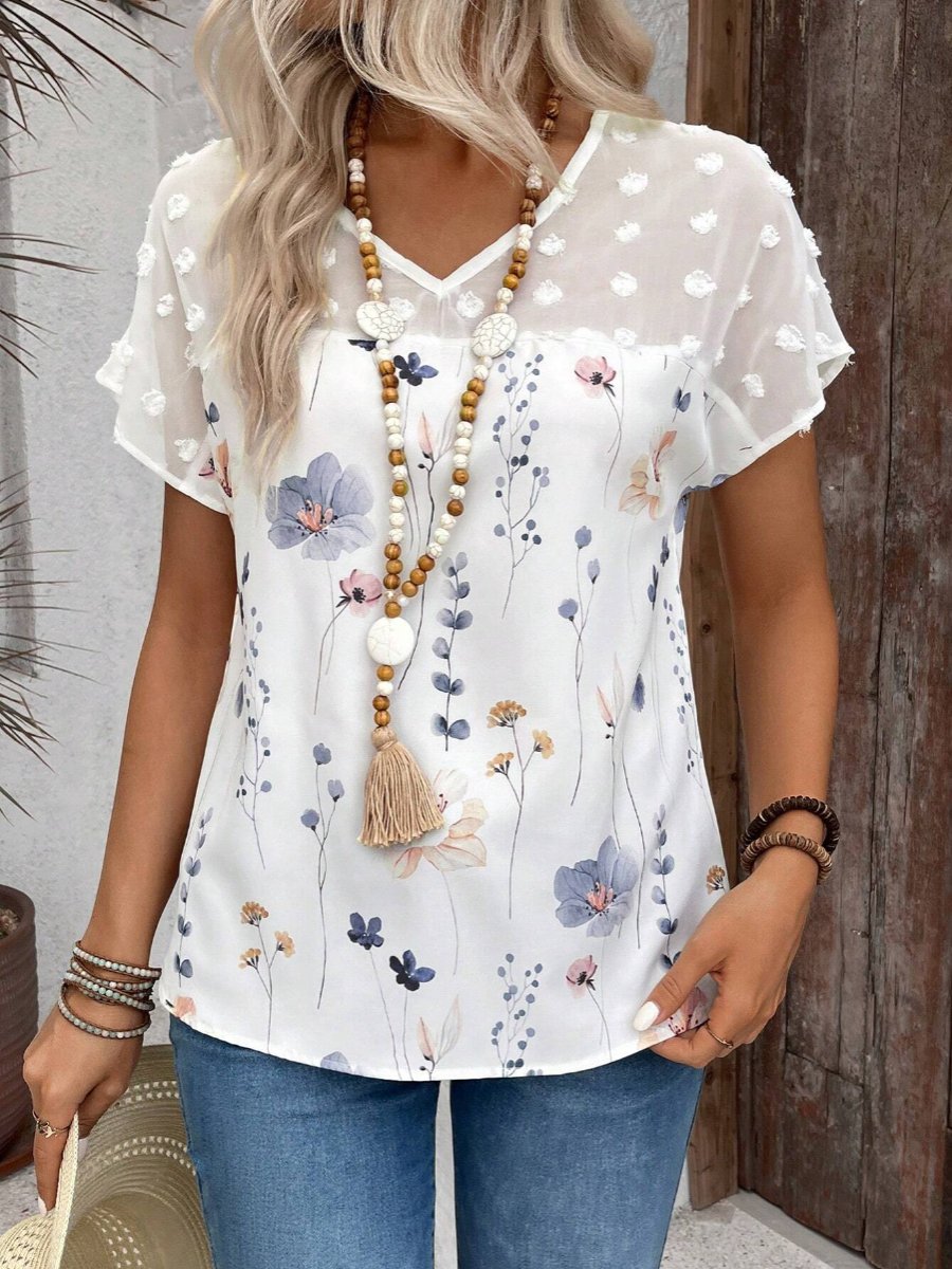 V-neck Lace Patchwork Chiffon Blouse