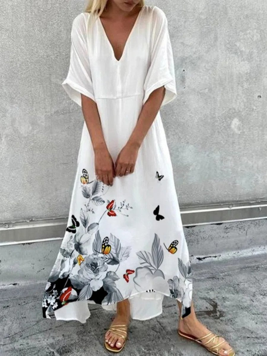 V-neck Printed Full Skirt Maxi Dress