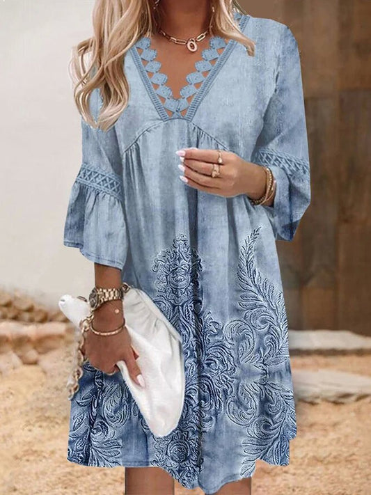 V-Neck Lace Print Dress