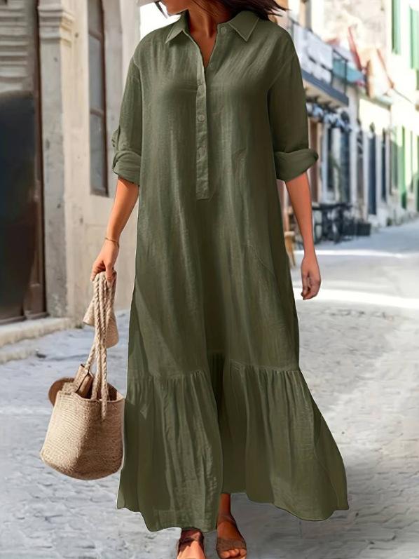 Cotton Linen Button Irregular Hem Shirt Dress