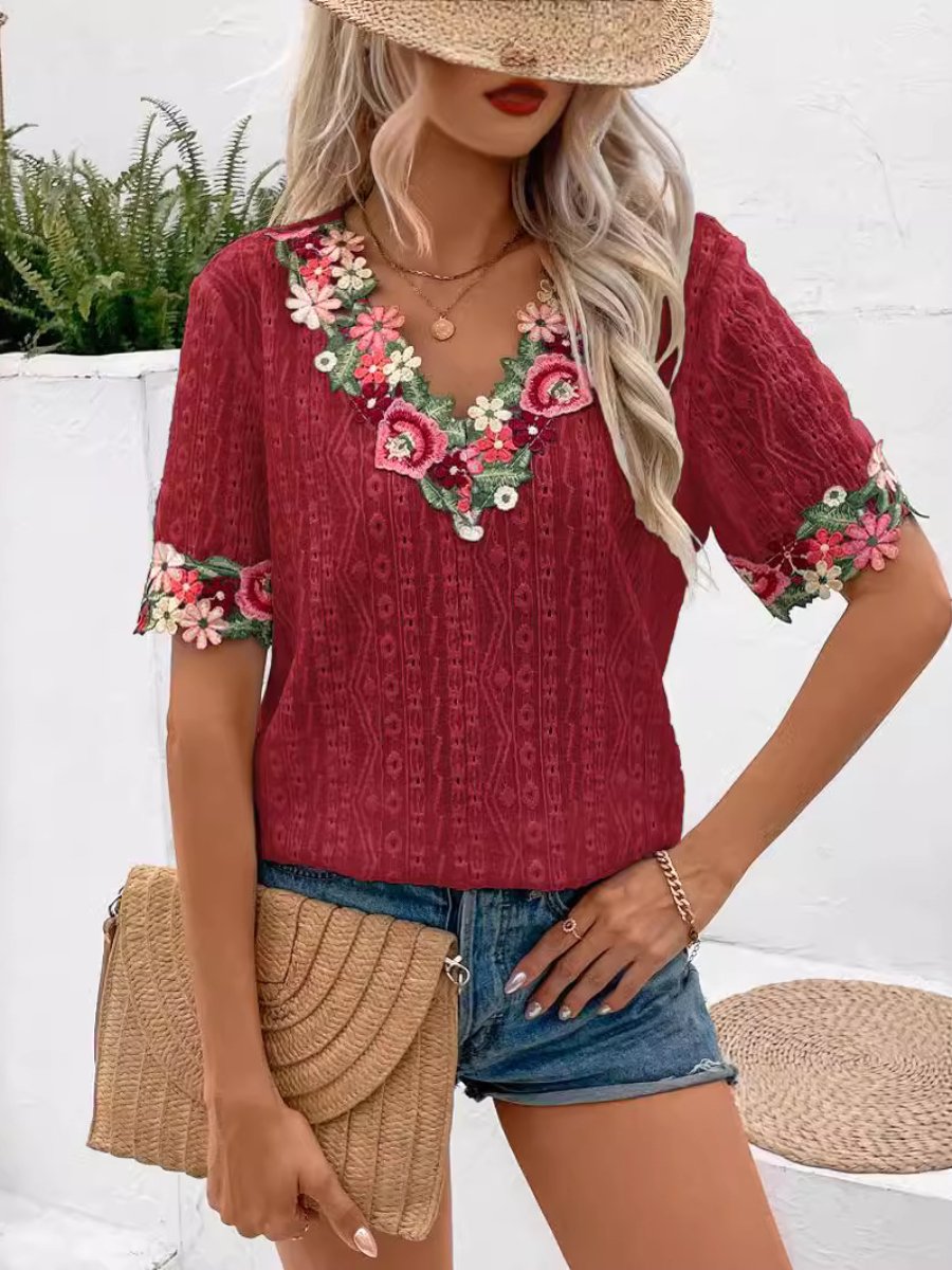 V-neck Embroidered Floral Lace Trim Top