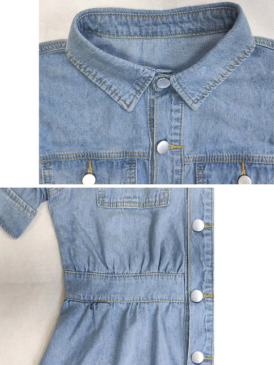 Buttoned Slim Fit Pocket Lapel Short Sleeve Denim Dress