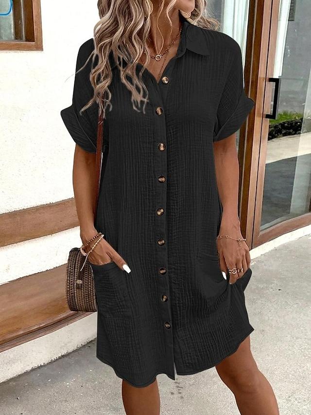 Solid Color Lapel Pocket Shirt Dress