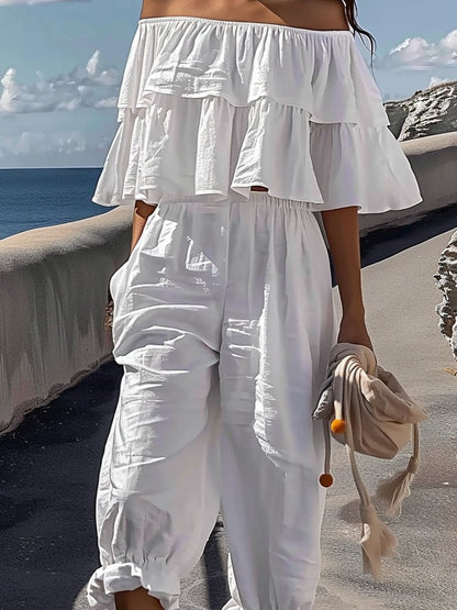 Casual Off-Shoulder Ruffled T-Shirt Cotton Linen Pants