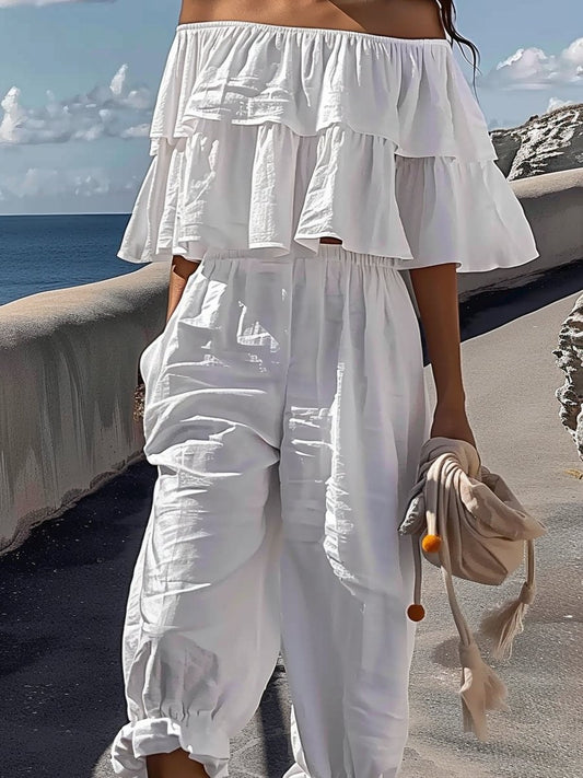 Casual Off-Shoulder Ruffled T-Shirt Cotton Linen Pants