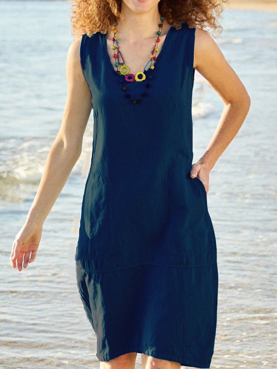 U-neck Cotton and Linen Sleeveless Dress