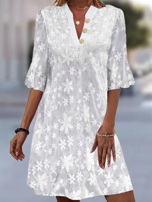 V-neck Embroidered Floral Button Dress