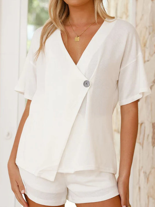 Irregular Single Button V-Neck T-Shirt