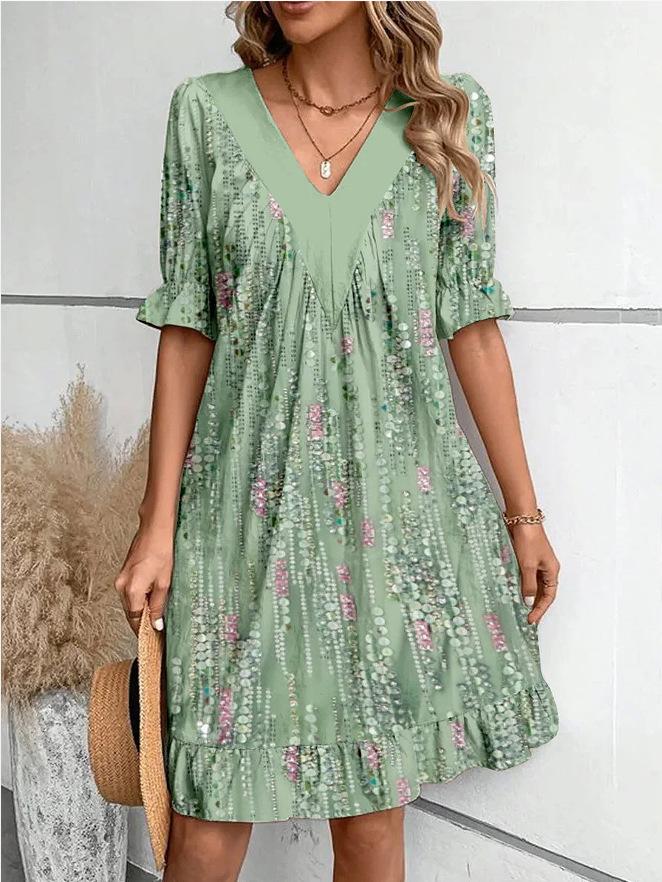 V-neck Lace-trimmed Floral A-line Dress