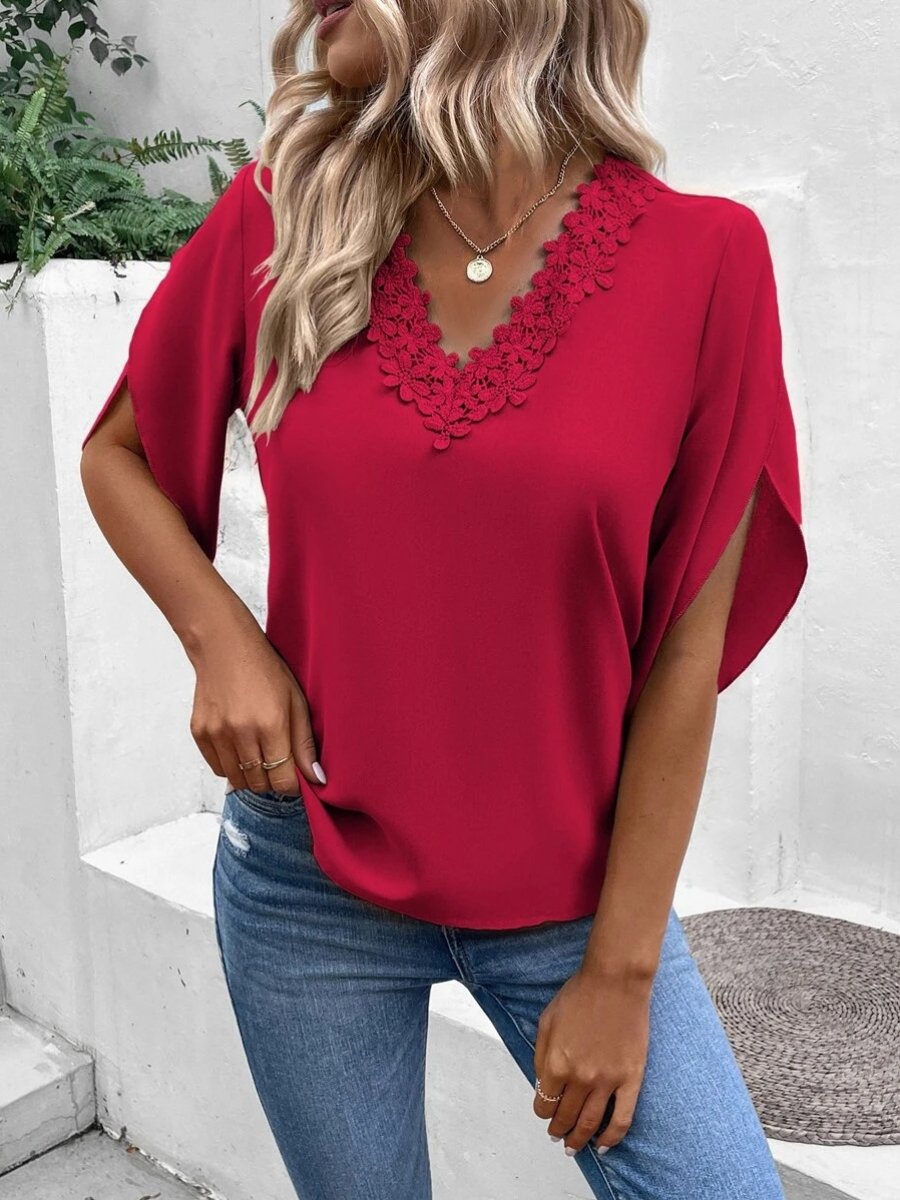 Flared Sleeves Lace-trimmed V-neck Blouse