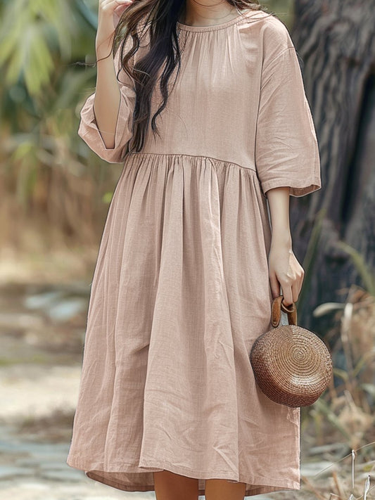 Round Neck Casual Cotton Linen Midi Dress