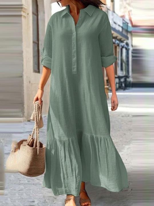 Cotton Linen Button Irregular Hem Shirt Dress