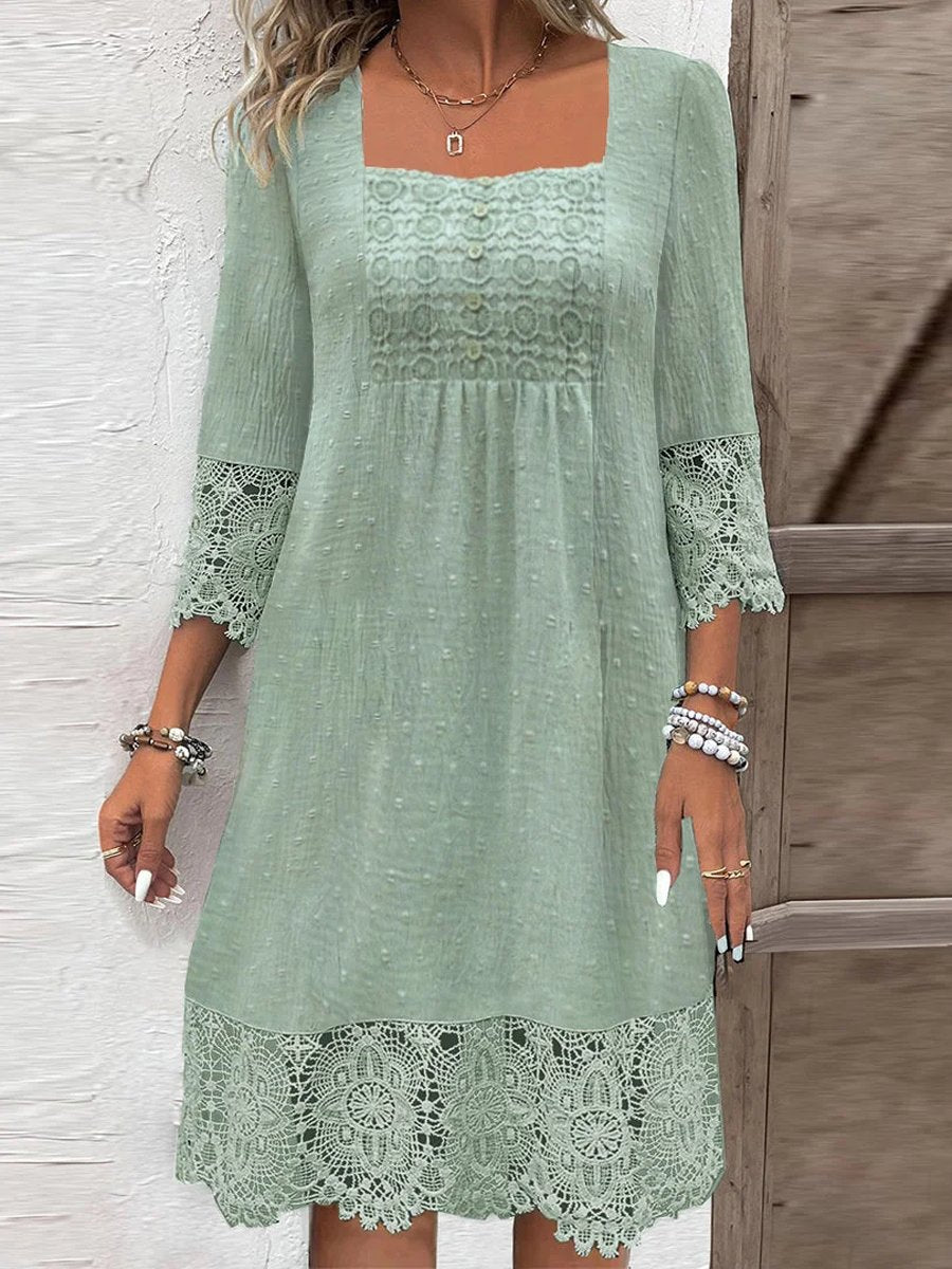 Square Collar Lace Button Midi Dress