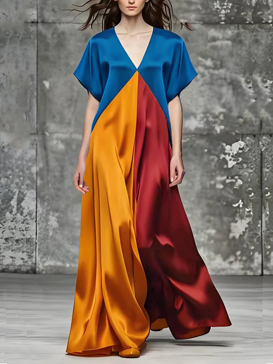 Elegant Contrast Color Short Sleeve Maxi Dress