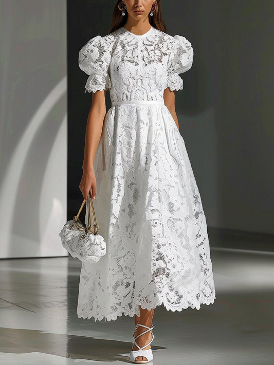 Elegant Puff Sleeve Lace Maxi Dress