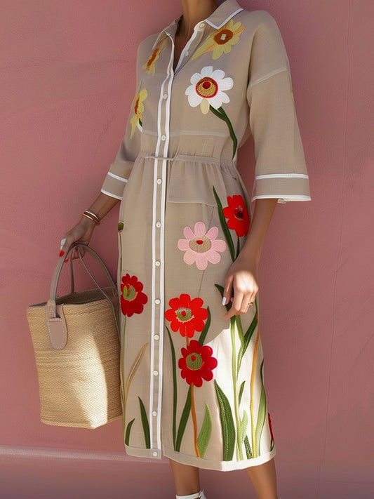 Elegant Embroidered Floral Oversize Shirt Dress