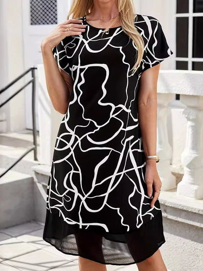 Round Neck Printed Chiffon Dress