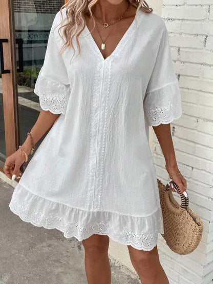 V-neck Lace Trim Loose A-line Dress