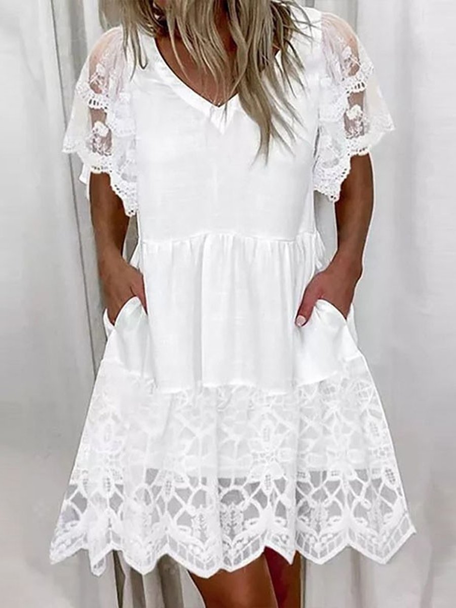 V-Neck Lace Short-Sleeved Dress