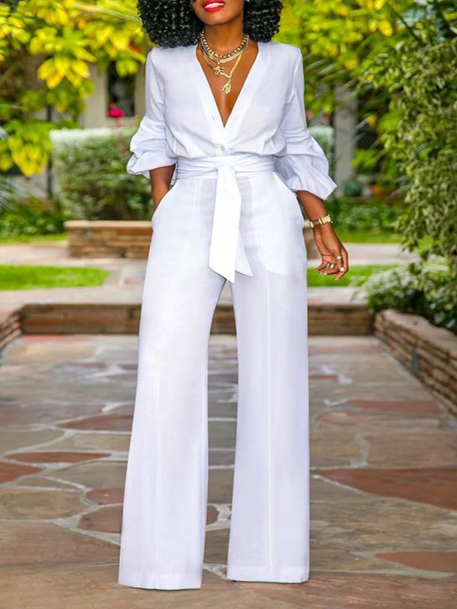 V-Neck Puff Sleeve Shirt + Cotton Linen Pants