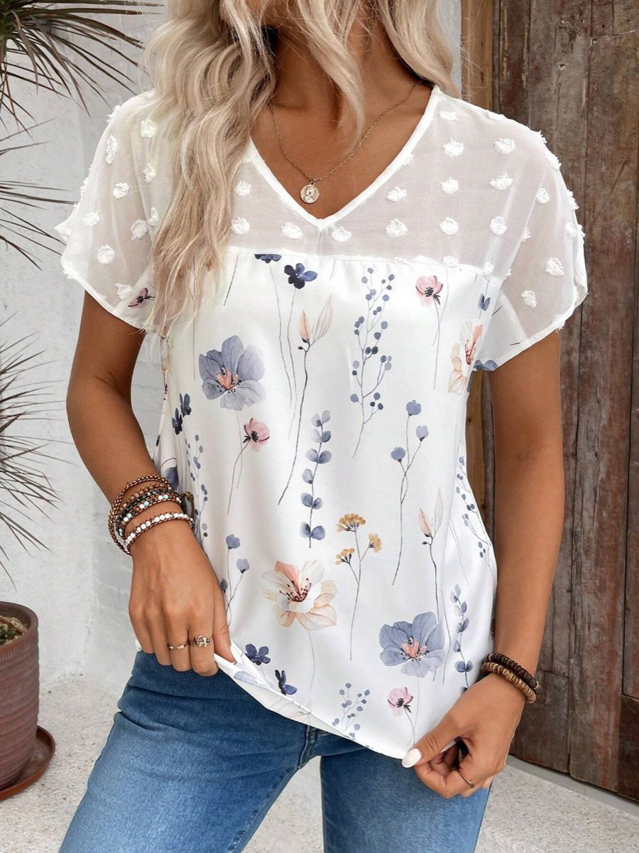 V-neck Lace Patchwork Chiffon Blouse