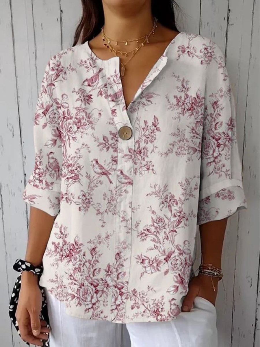 V-neck Printed Button Long Sleeve Shirt